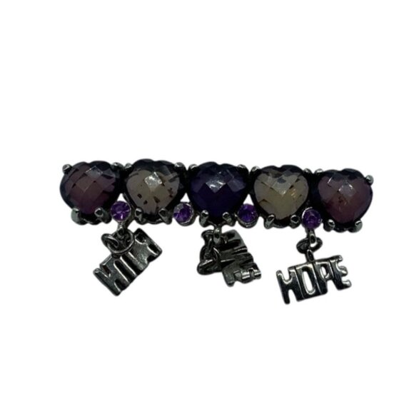 Heart-Shaped Charm Faith Love Hope Brooch Pin Dangling Charms 2" Purple Stones - Picture 4 of 4